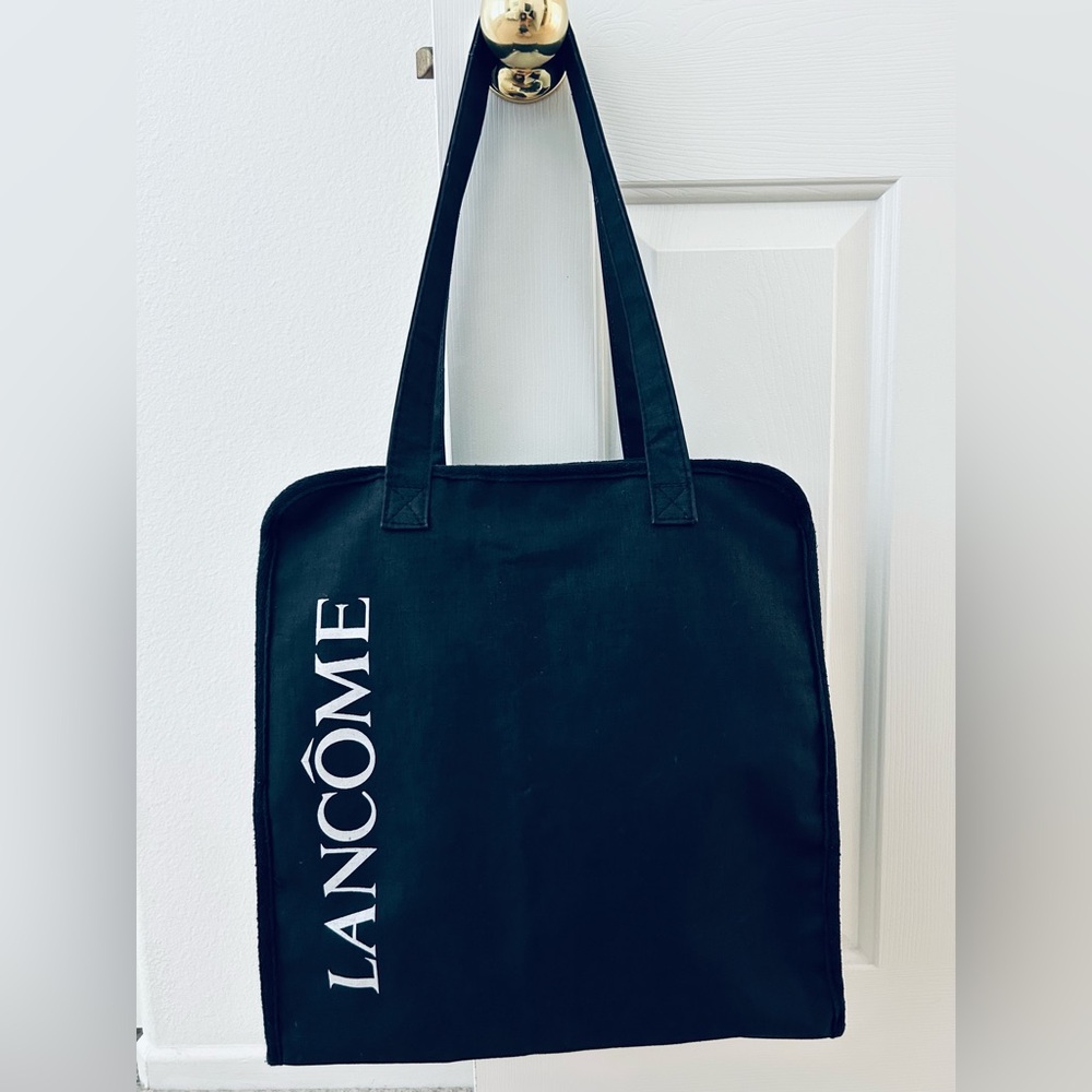 Vintage Black Lancome Logo Shoulder Tote Bag Zipper Closure 13x14x4.5 Inches